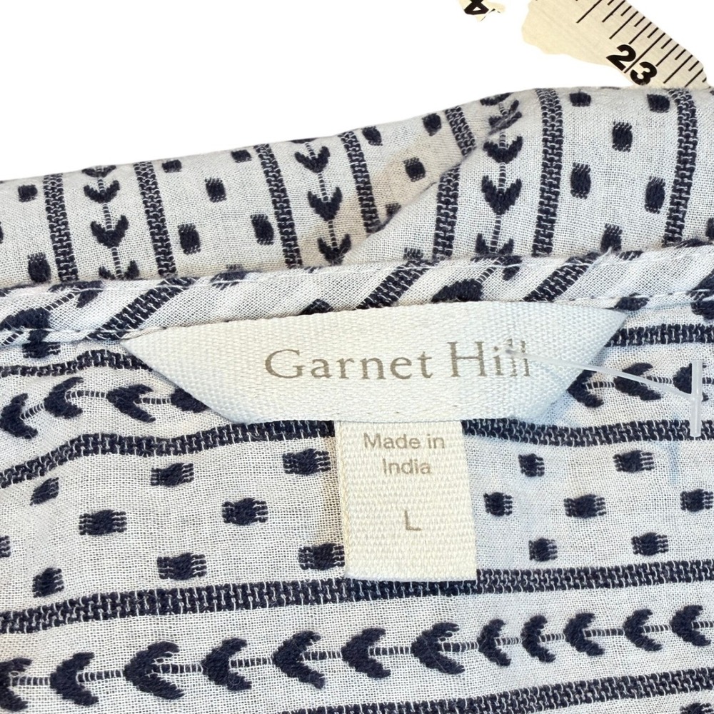 Garnet Hill Organic Cotton Button Front Blouse Navy White Print Tie Sleeve L - Picture 4 of 10